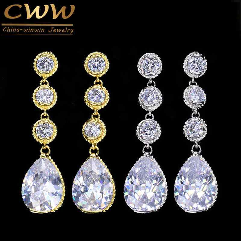 Or jaune et argent plaqué zircon cubique femmes longues grandes boucles d'oreilles goutte d'eau pour mariage demoiselles d'honneur bijoux CZ242 210714