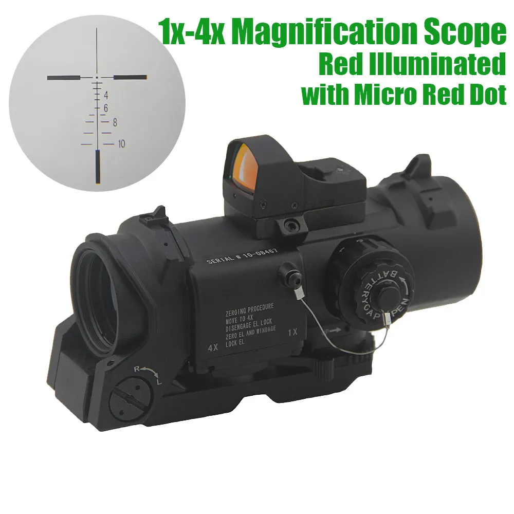 Tactical 1x / 4x DR Dual Ruolo Scope 4x Lente di ingrandimento Caccia del fuciful 4x32 Red Illuminato Dot Riflescope con Micro Ref Reflex Reflex Fit 20mm tessitore Picatinny Rail