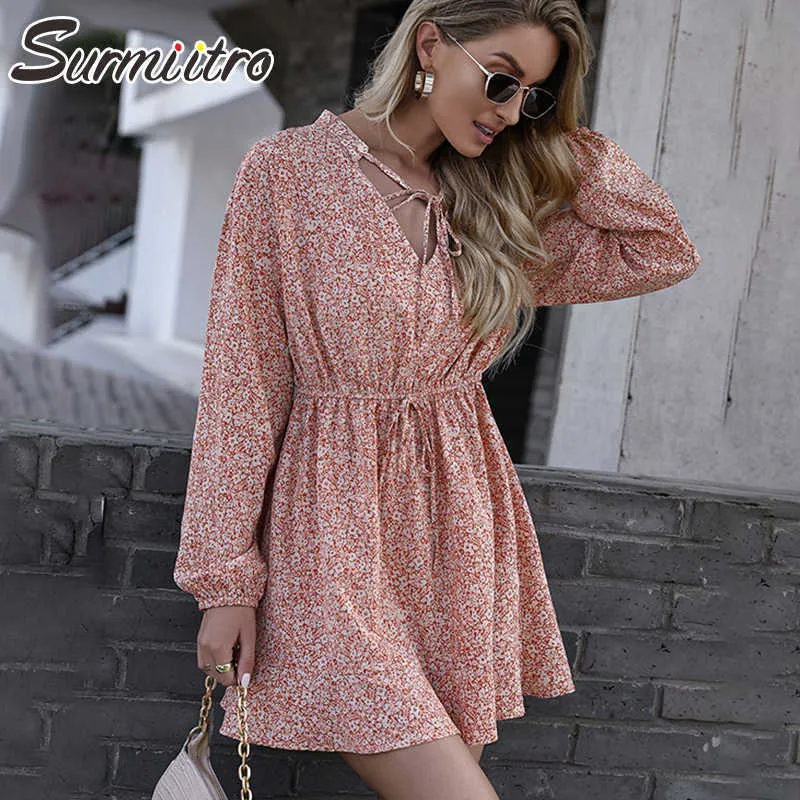 Surmiitro Verão Mulheres Vestido Para Chegadas Cópia Floral Manga Longa Túnica Sundress Praia Party Sun Mini Dress Feminino 210712