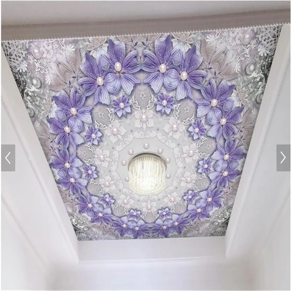 Papier peint personnalisé 3D Papel de paréde Photo Mural Fleurs Purple Perle 3D Plafond Wall Salon Fond d'écran Mural