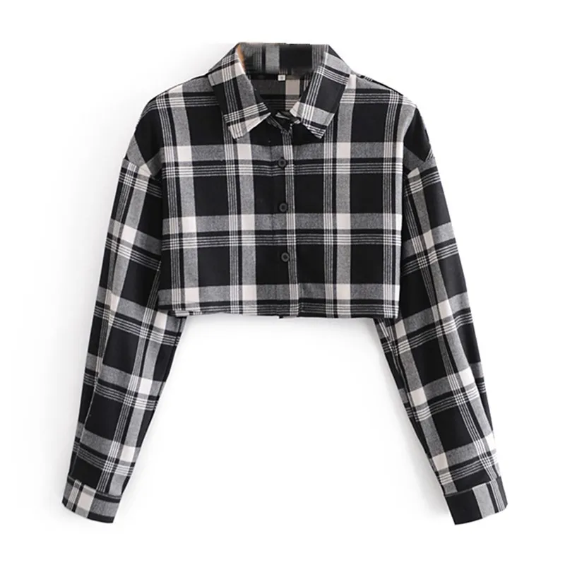Womens Retro Plaid Crop Top Short Sleeve, Black & Gray Check