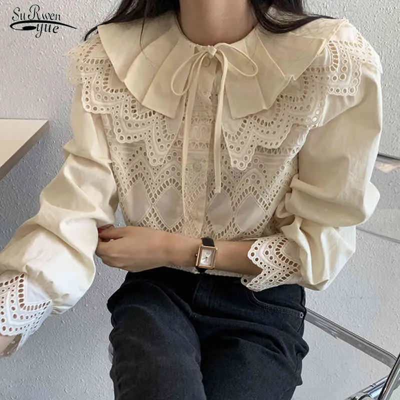 Embroidery Peter Pan Collar Spring and Autumn Cotton Long Sleeve Women's Lace Blouse Sweet Hollow Out Shirts Women 12717 210521