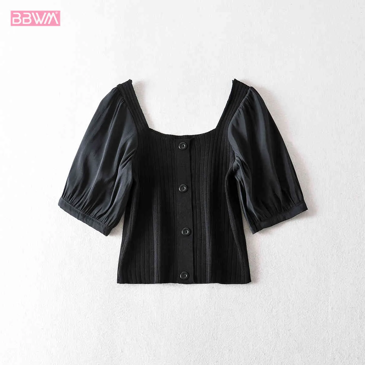 Bubble Sleeve Halter Korean Women's Wild Square Collar T-shirt Sexy Sweet Chic Single-breasted Slim Slimming Clavicle Female Top 210507