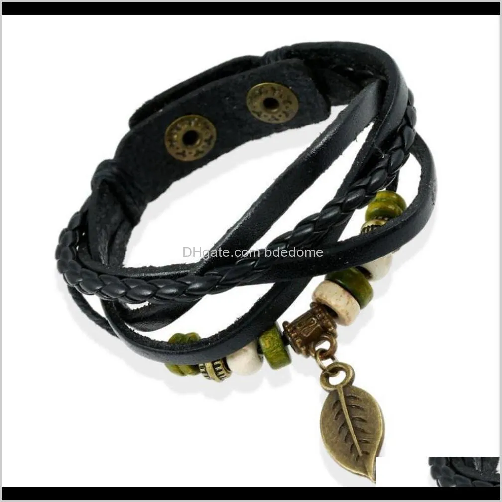 leather woven bracelet with pendant, women`s button, casual beaded bracelet, retractable couple`s braceletjlsc