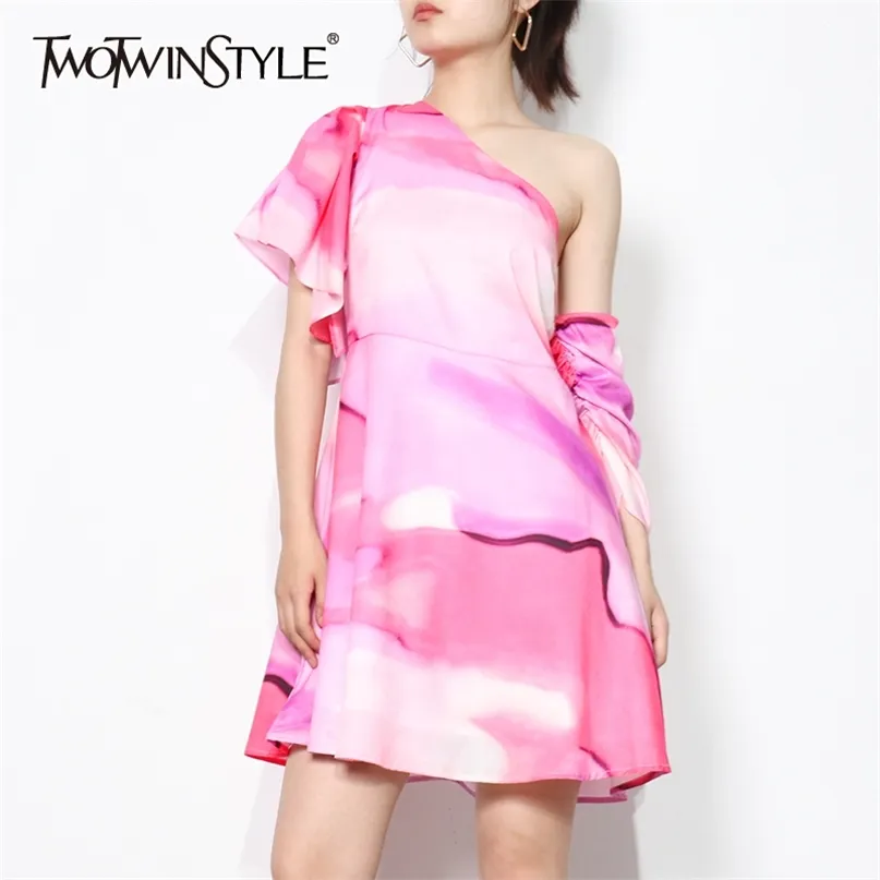 Casual Hit Color Ruffle Dress For Women Skew Collar Short Sleeve High Waist A Line Mini Dresses Female Summer Style 210520