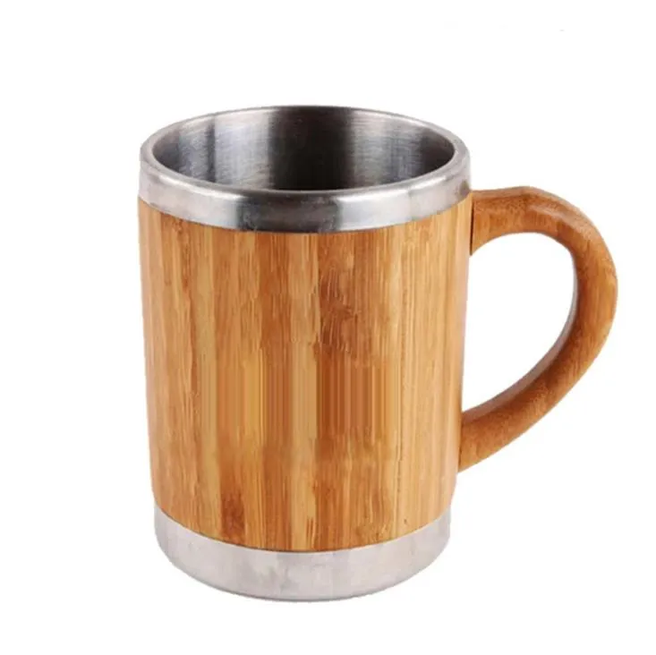 Rostfritt stål bambu kaffe muggar med handtag och lock Camping Mjölk Mugg Miljövänlig Isolerad kaffe Tea Travel Cup Sn5263