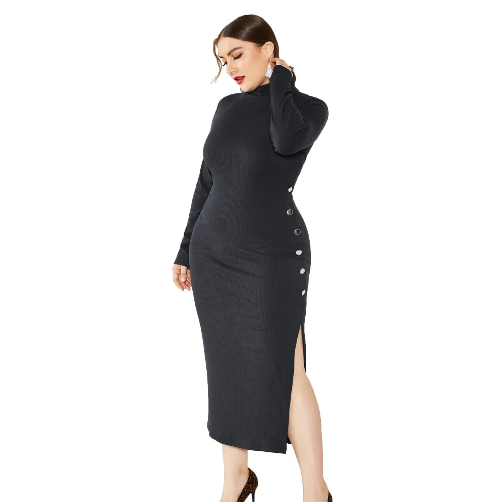 Elegante gestrickte Damen-Split-Kleid Winter-Seitenknöpfe Party-Bleistift-Maxi-Kleider Herbstmantel Wrap Plus Size 5XL Sexy Vestiods 210507