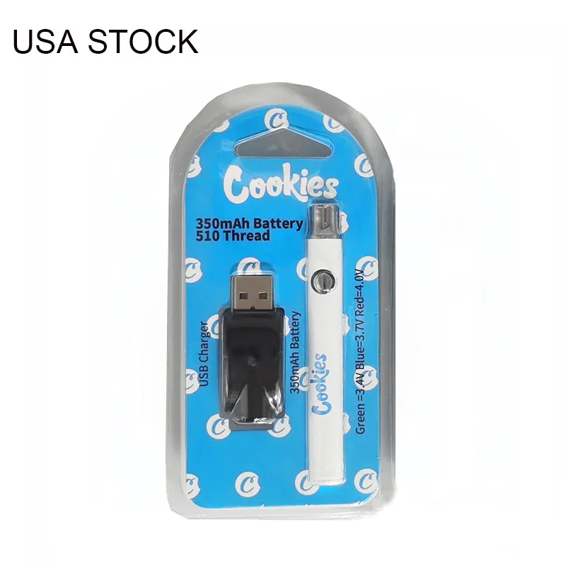 Cookies Batterie USA Stock Stock 510 Faden Vape Batterien Ladegerät Kits Vorwärmen Ecig 350mAh Variable Spannung Einstellbare Batterien Blisterverpackung Schneller Versand