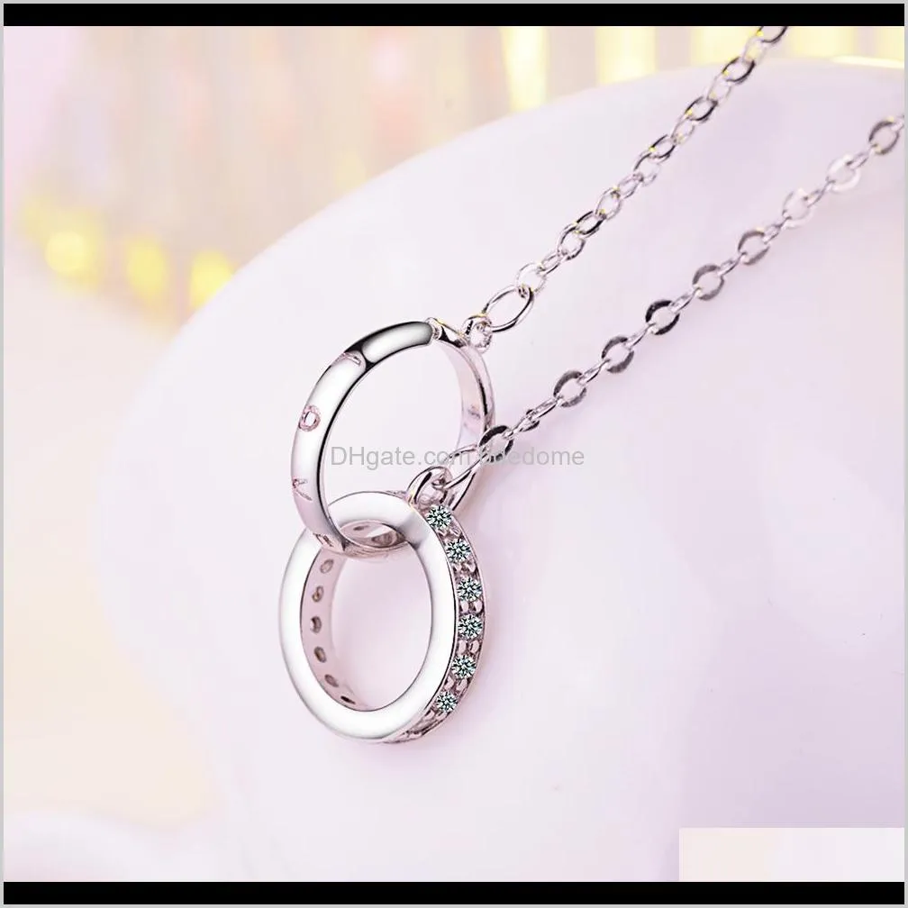 pendant necklace two ring circle caving love letter zircon rose gold imitation rhodium plated confirmed color metal chain