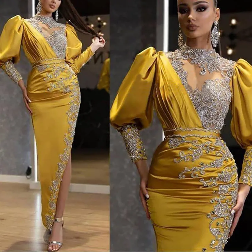 Ankle-längd arabiska kväll formella klänningar 2021 Sparkly Crystal Beaded Lace High Neck Långärmad Sexig Slit Occasion Prom Dress