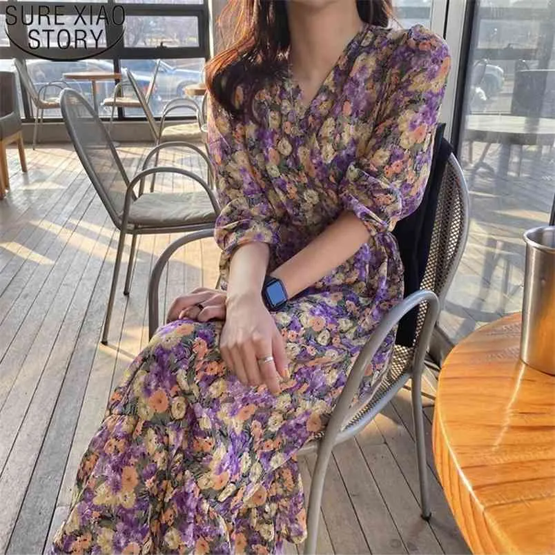 Casaul Temperament V-neck Chiffon Dress Vintage Romantic Purple Floral es Women Spring Long Sleeve Vestido Robe 13256 210506