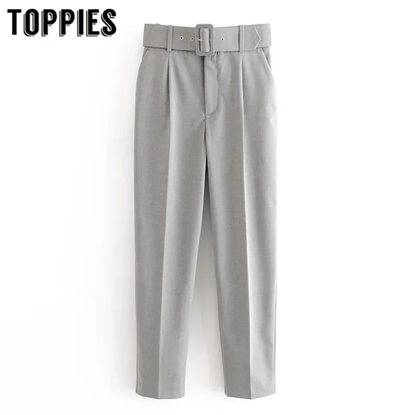 Toppy 2021 Ladies Grey Spodnie Damskie Damskie Haist Harem Spodnie z pasem Wypoczynek Kobiety Torusers Streetwear Q0801