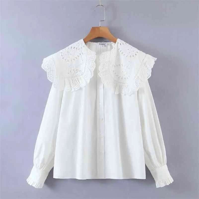 Women Hollow Embroidery Turndown Collar White Shirts Female Long Sleeve Blouses Casual Lady Loose Tops Blusas S8277 210323
