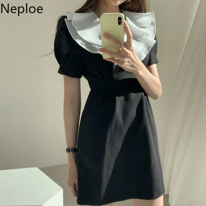 Neploe Dresses Women Vintage Patchwork Double Layer Ruffled Short-sleeved Dress High Waist Slim Black Elegant Vestidos Mujer 210422