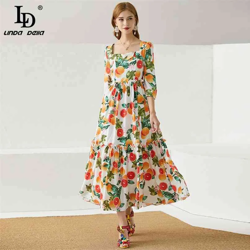 Bohemia Vacation Midi Dress Women Fashion Runway Summer Square Collar Red  Pomelo Print Vintage Cotton 210522 From Long01, $56.13 | DHgate.Com