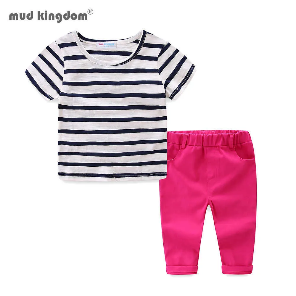 Mudkingdom Girls Outfits Short Sleeve Striped T-Shirts Ankle-Length Pants Sets Summer 210615