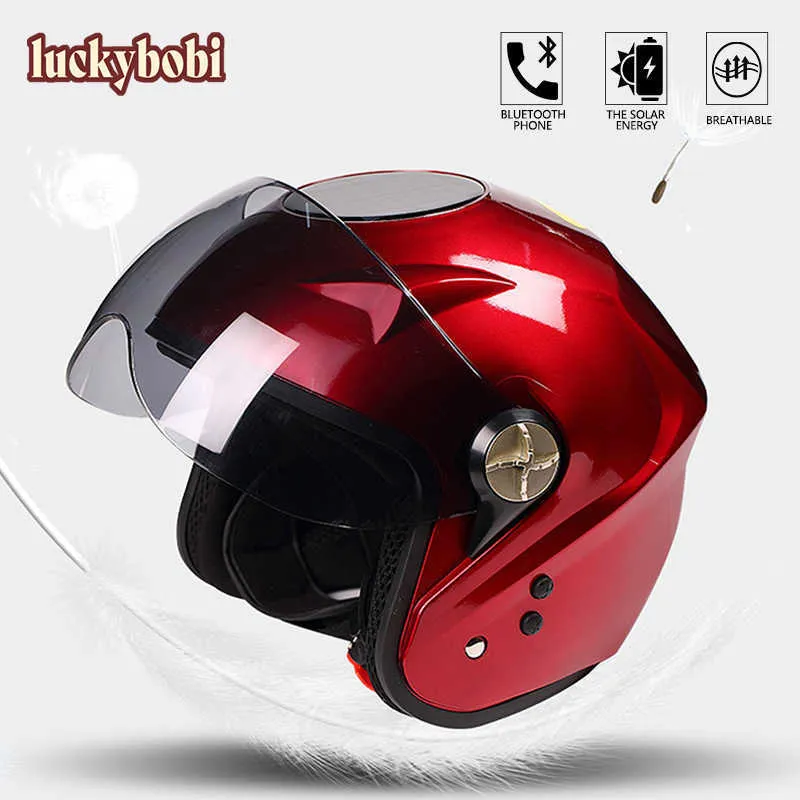 Motorcykelhjälm Smart Bluetooth Off-Road Helmets Bike Vintage Style Elektrisk Bil Män och Kvinnor Motocross Fan Solar Laddning Q0630