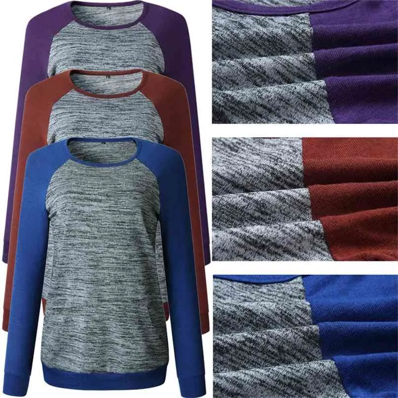 LOSSKY Tricoté Patchwork Automne Hiver Sweats à capuche Casual O Cou à manches longues avec poche Pull à capuche pour femme Tops Sweat-shirt 210507