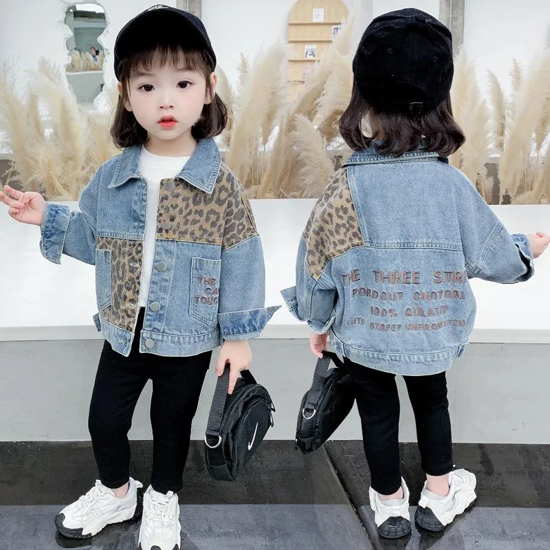 Jaquetas Primavera Outono Crianças Jaqueta Casual Meninas Jeans Casacos Meninos Leopardo Patchwork Denim Outerwear Traje 12M-9A CL684