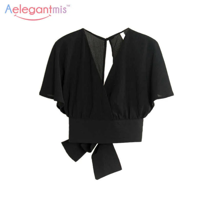AELEGANTMIS SUMMERセクシーバックレスシャツ女性かわいい弓Vネックブラウスビーチクロップトップスファッション半袖シャツレディース210607