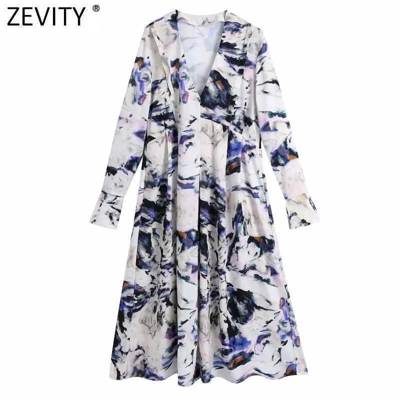 Zevity Kobiety Vintage Ruffles V Neck Atrament Krawat Barwiony Casual Loose Midi Sukienka Kobieta Chic Długi Rękaw Kimono Vestido DS4918 210603