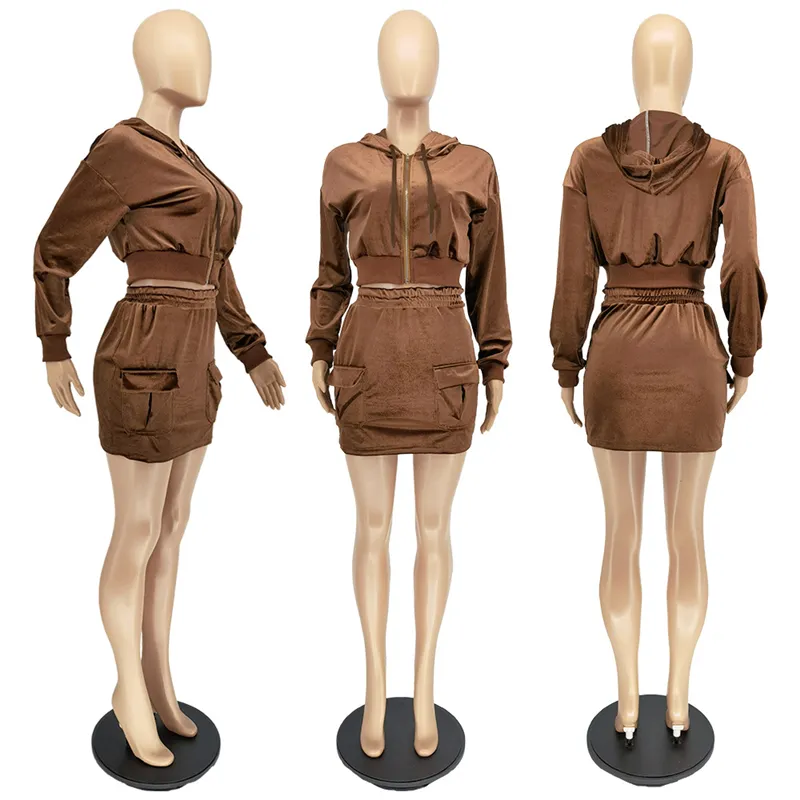 Duas peças Sets Shaysuits Moda Zipper Hoomed Tops Curto Saia Outfits Designer Feminino Inverno Veludo Mulheres Coreano Veludo