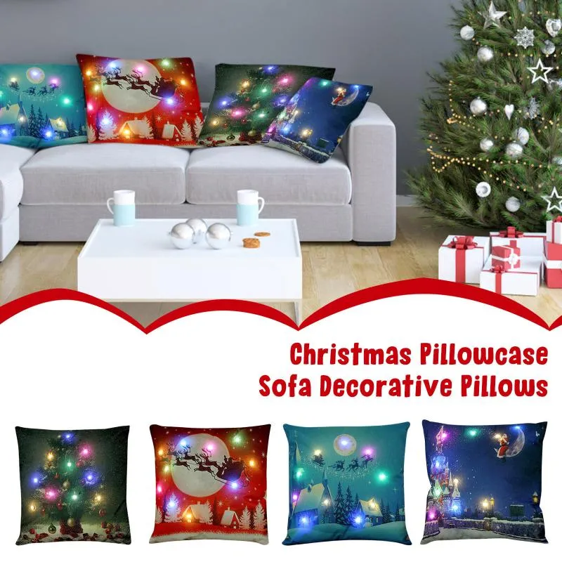 Funda de almohada Lino Moda Feliz Navidad Funda de cojín Led Simple Happy Year Snow Vintage Home Bed Decorativo