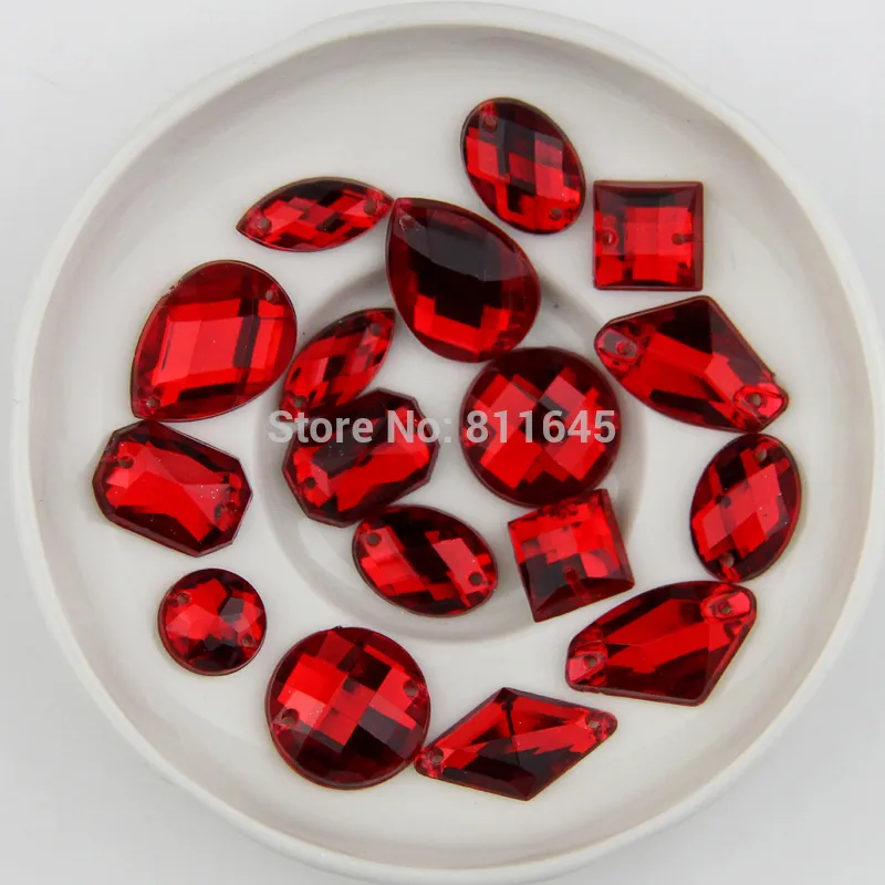 Blanda storlek 200st / mycket, blanda form röd färg sy på stenar platt bakre akryl sy på rhinestones pärlor diy