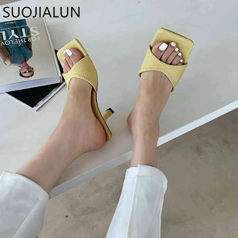 SUOJIALUN NIEUWE merk dunne hoge hakken slippers vrouwen slip op dia dames elegante muilezel schoenen zomer buiten dia's big size 35-40 k78