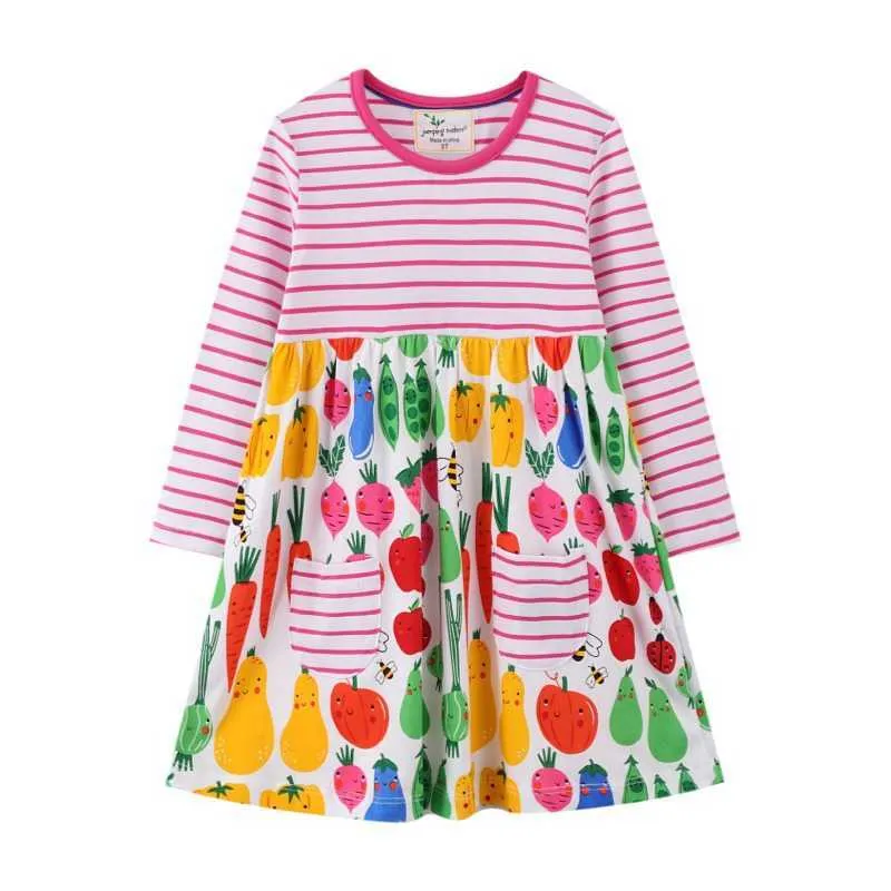 Abiti da principessa per ragazze con stampa di verdure Autunno Primavera Abbigliamento per bambini in cotone Tasche a righe Costume per bambini caldi G1026