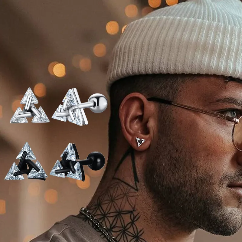 Men Stud Earring Charm Triangle Pierced Crystal Zircon Stud Earrings,Stainless Steel Tiny Minimalist Studs for Mens Women Jewelry