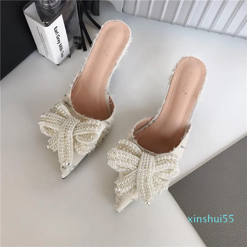 Boots Summer Fashion Dress Middle Heel Rhinestone Lace Pointed High Shoes Half Slippers Women's Sandals