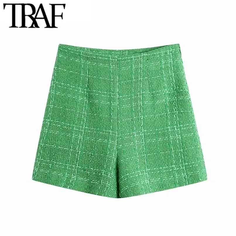 TRAF Dames Chique Mode met voering Tweed Shorts Vintage Hoge Taille Back Rits Vrouwelijke Korte Broek Mujer 210714