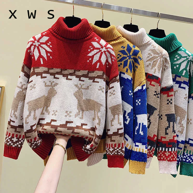 Europejska Moda Kobiety Winter Sweter I Swipers Turtleneck Długi Rękaw Drewno Druku Boże Narodzenie Knit Sweter Pull Pull Pull 210604