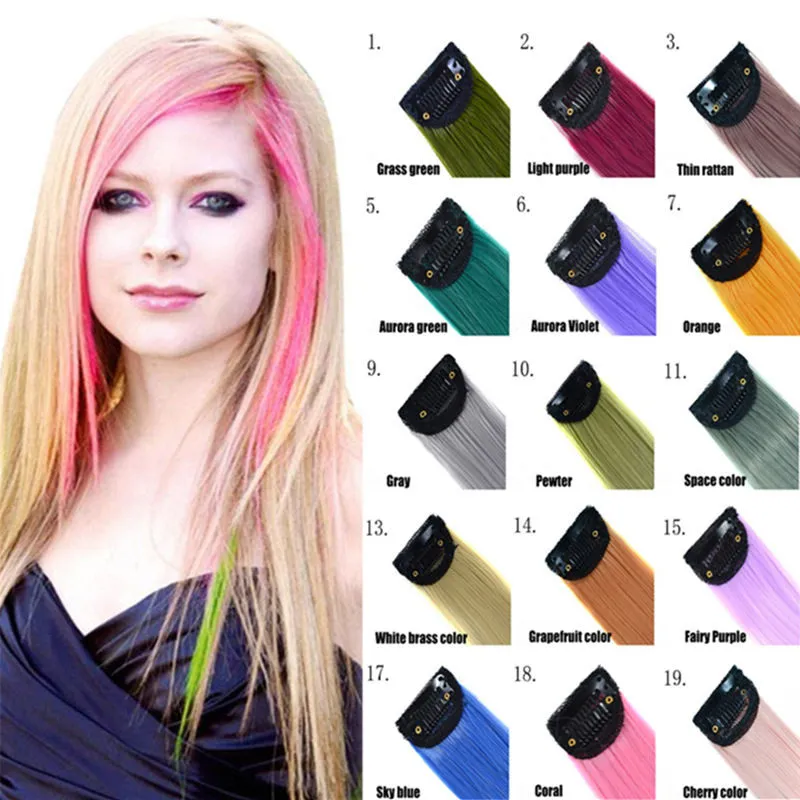 Gekleurde clip in hair extensions 24 '' Kleurrijk rechtstreeks voor vrouwen en kinderen Multi-colors Party Dikke staart Hoogtepunten Streak Synthetische haarstukken