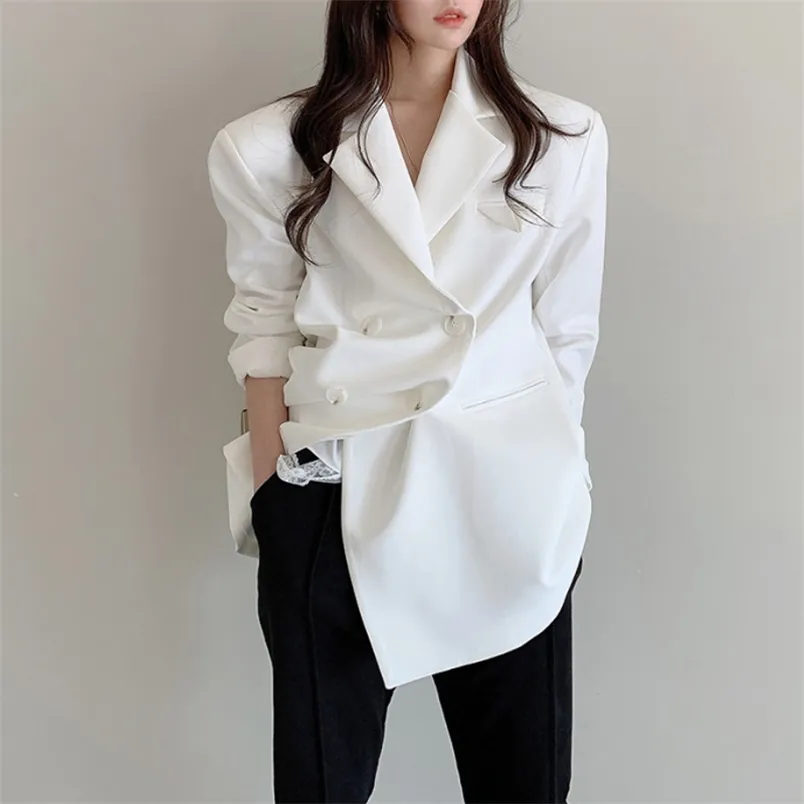 Höst Office Lady Minimalistiska Kvinnor Jacka Blazer Formell Lös Elegant Dubbel Breasted Suit Coat Solid Stylish Outwear 210514