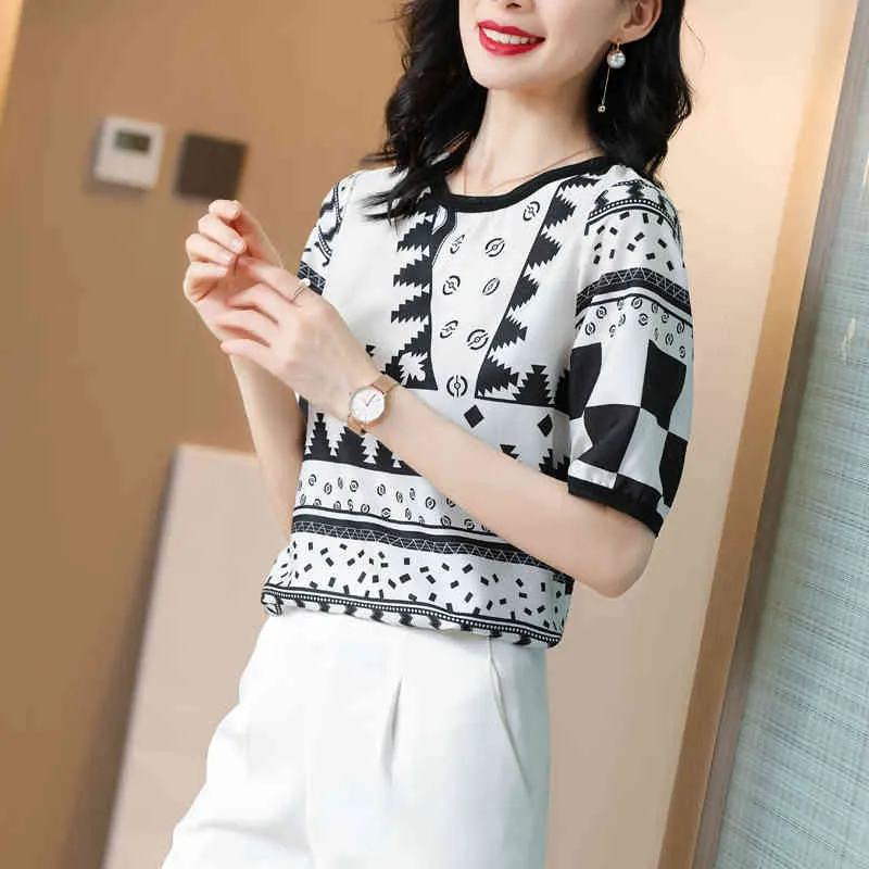 韓国の女性のシャツのシフォンブラウスの女性半袖女性トップブラックOネックブラウス女性OL 210427
