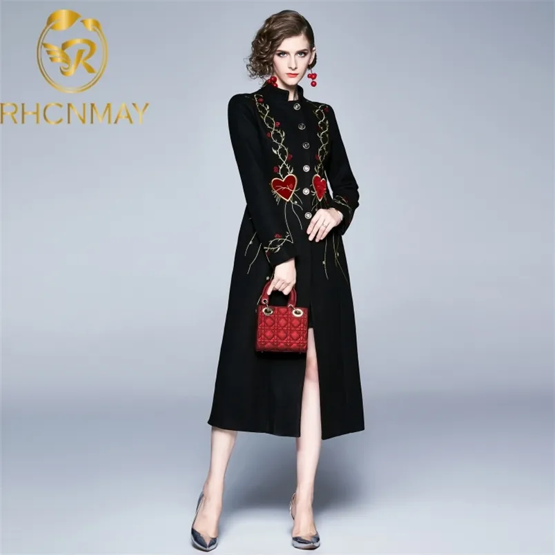 Hög Qulaity Luxury Women Trench Coat Winter Tweed Floral Broderi Tjock Varm Singel Breasted Vintage Long Ull 210506