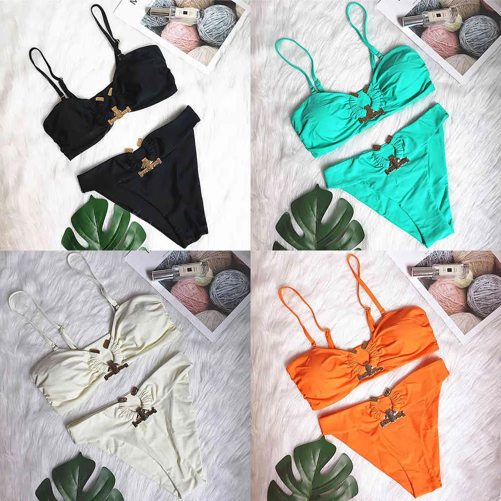 2021 Sexy Crystal Diamond High Waist Bikini Women Bandeau Swimsuit female Swimwear Two pieces bikini set Rings Bathing Suit SwimX0523