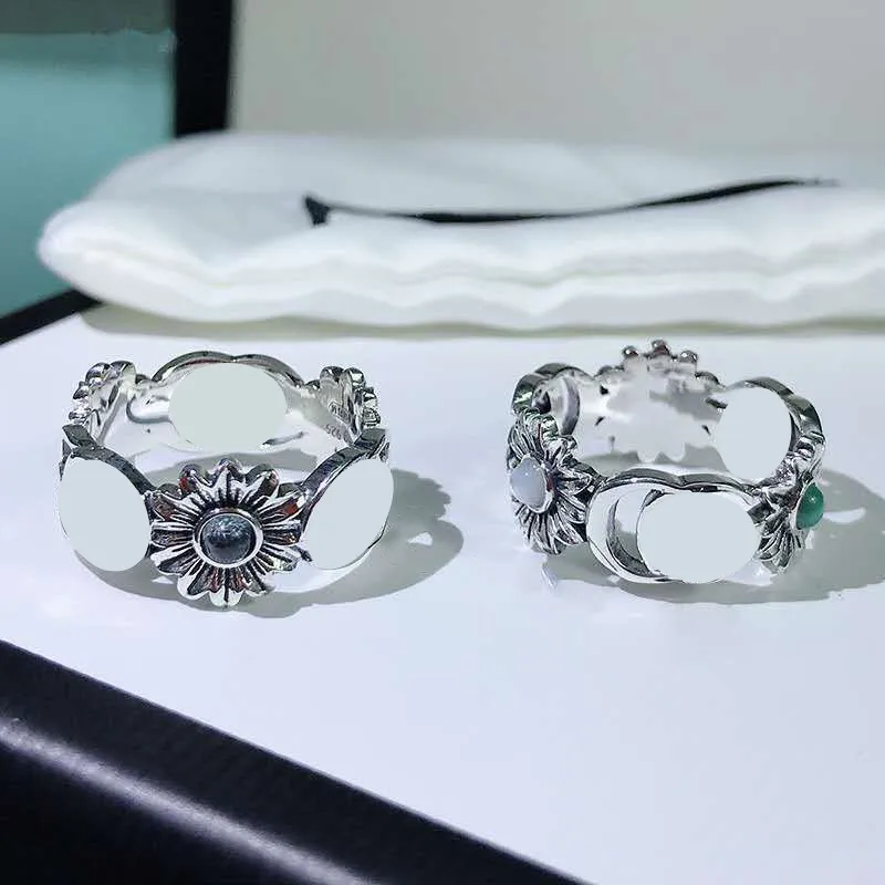 925 Silver Carved Daisy Couple Rings Retro flower with Packaging Retail Box YY102803