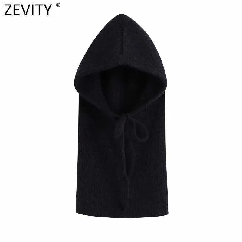 Zevity, suéter de punto con capucha y cordones a la moda para mujer, jerséis casuales de diseño elegante para mujer, Tops negros de calle alta para mujer S558 210603