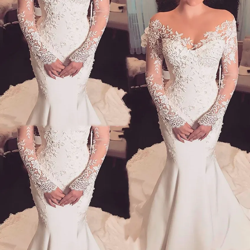 Graceful Lace Long Sleeve Mermaid Wedding Dress 2021 Court Train Vintage Ivory Satin Bridal Gowns Illusion Bride Dresses Vestidos De Novia