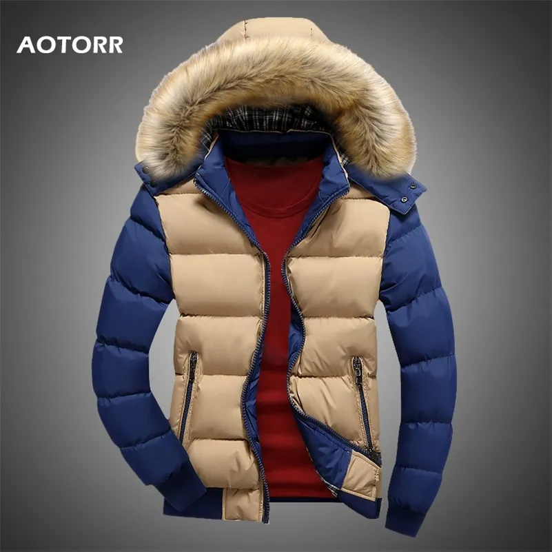 Men Down Jacket Winter Male Casual Hooded Outwears Coat Warm Fur Parka Overcoat Men's Solid Thick Fleece Zipper Jackets 211110