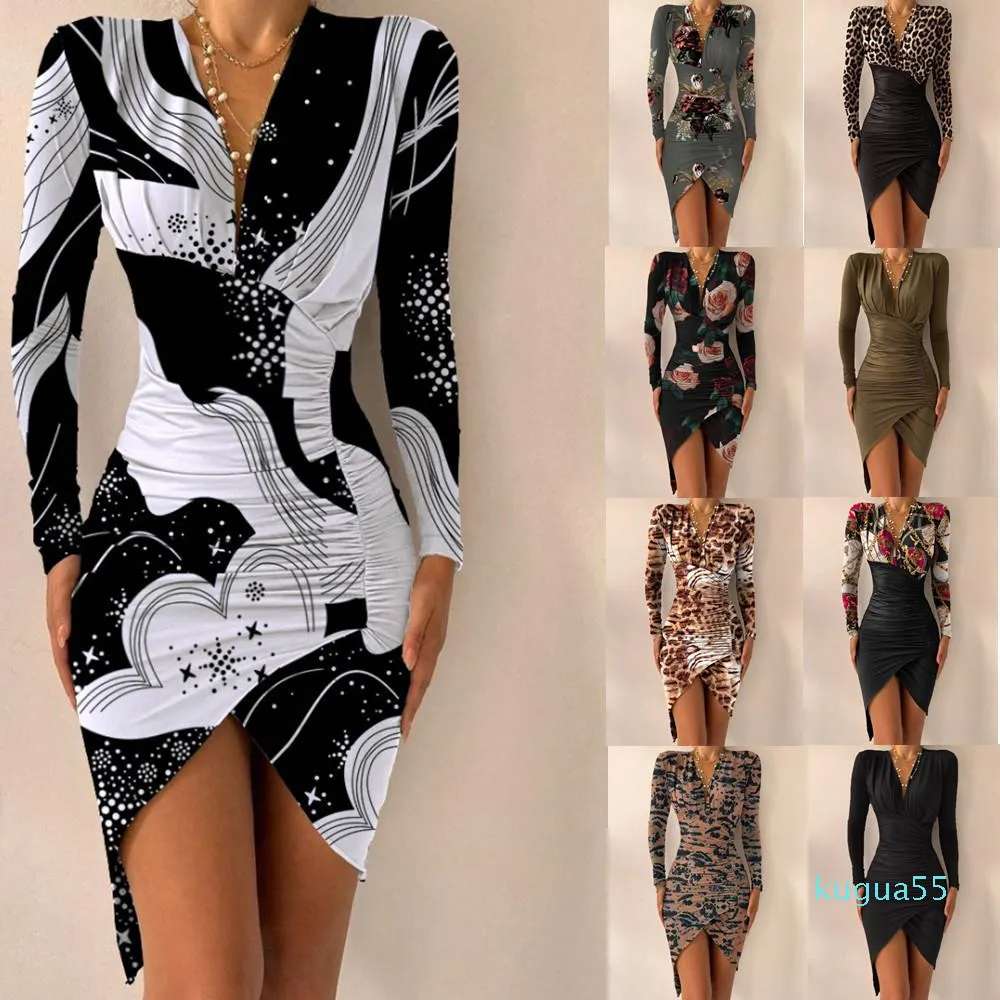 2021 new autumn and winter long-sleeved printed tight-fitting slit dress female plus size