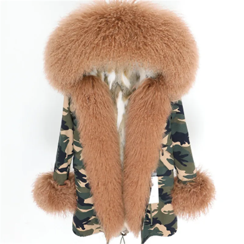 garder au chaud fourrures de mouton de Mongolie marron garniture patte de boutonnage fourrures mukla femmes parka kaki doublure en fourrure de lapin blanc camouflage longues parkas veste en toile de neige