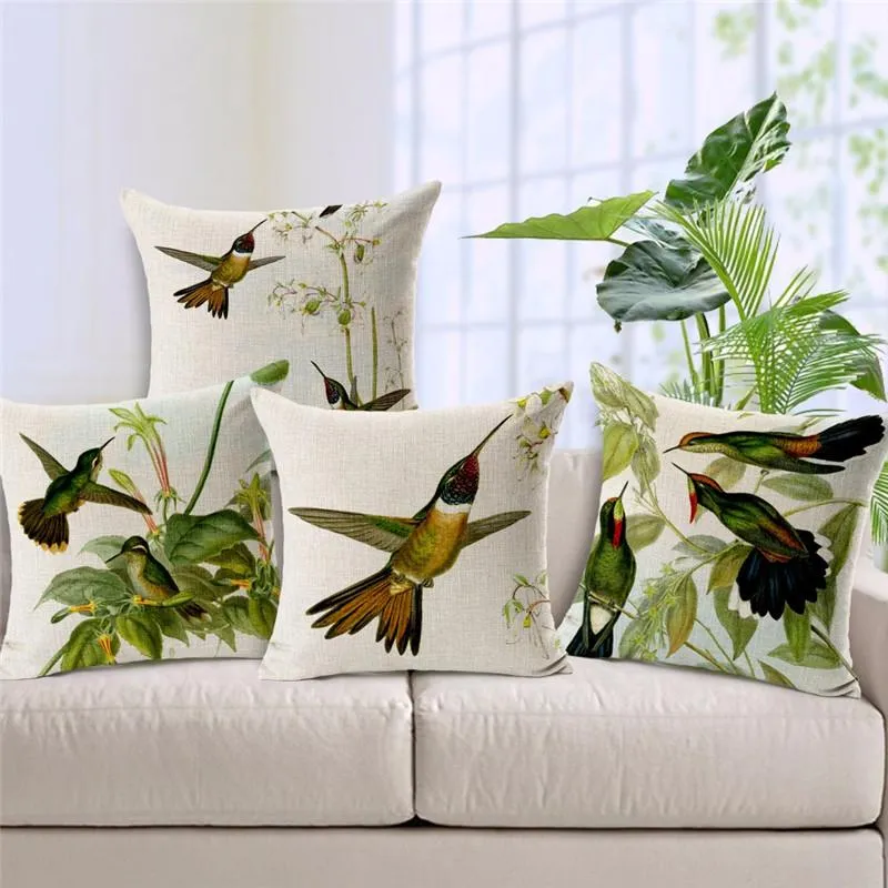 Hummingbird Animal Pattern Pillowcase Green Foliage Flower Decoration Square Pillow Home Sofa Cushion Cover 45X45Cm Polyester Cushion/Decora