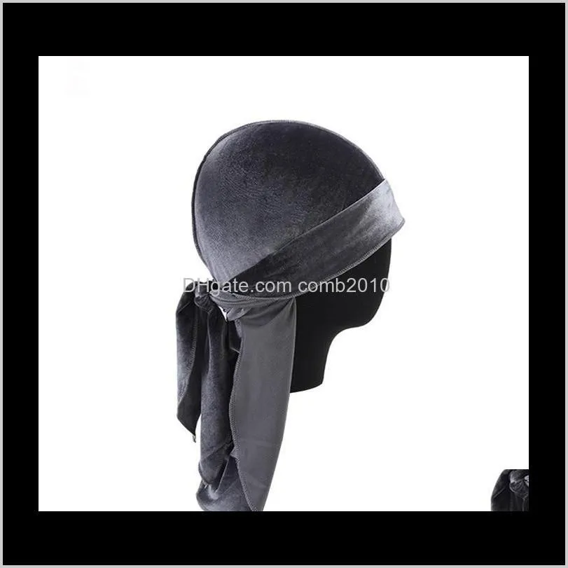 velvet durag men`s turban cap 12 colors women headwear breathable hip hop long tail hair accessories styling tool 50pcs