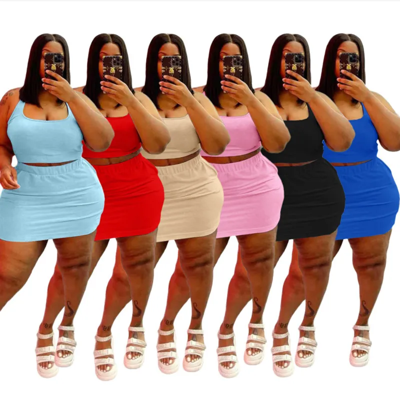 Plus Size Summer Dress Set Sleeveless Plus Size Workout Tanks And Short Skirt, Solid Top, And