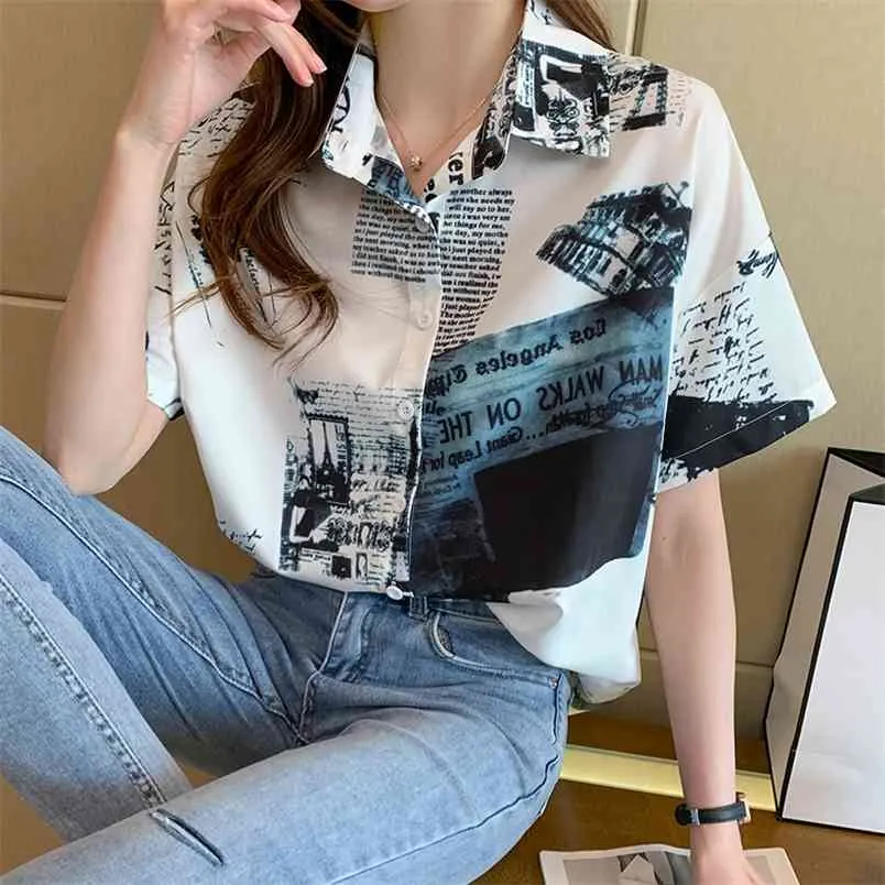 Kobiety z krótkim rękawem Koreański styl Bluzka żeńska Drukowanie Design Casual Damskie Koszule Kobiety Odzież 210507