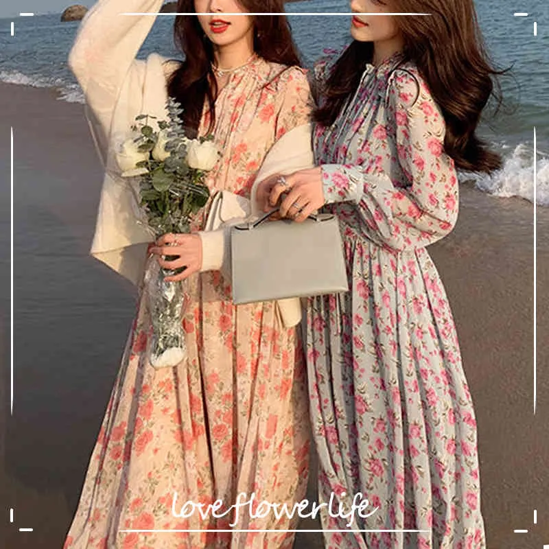 Sommar fransk vintage elegant klänning kvinnor avslappnad söt blommig midi klänning kvinnlig koreansk stil fest y2k klänning damer kawaii 210521